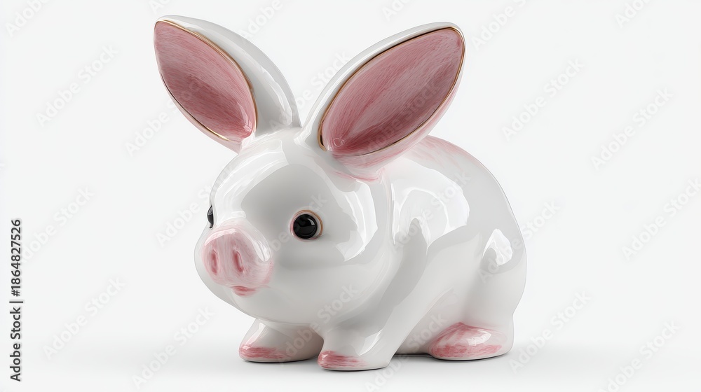 Fototapeta premium Cute Ceramic Rabbit Figurine with Pink Ears and Nostalgic Charm Perfect for Easter Decorations and Spring-Themed Home Accents