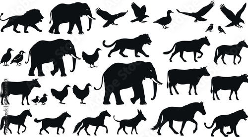Collection of black silhouettes of various animals
