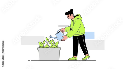 Young woman watering plants in a garden pot while wearing casual clothing and sneakers