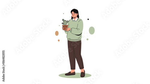 Young woman holding potted cactus plant with a relaxed posture and casual clothing in a