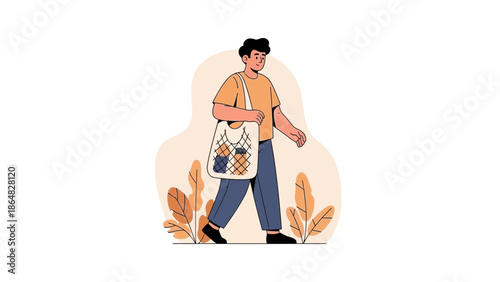 Young woman carrying a reusable shopping bag filled with groceries while walking outdoors in a