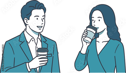 仕事の合間にコーヒーを飲みながら会話を楽しむ男女のイラスト