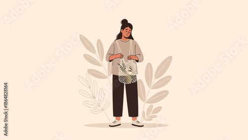 Young woman standing outdoors holding a reusable mesh shopping bag with plants in the background