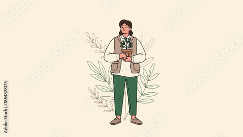 Women Holding a Potted Plant in a Minimalist Nature Themed Illustration