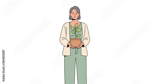 illustration of an older woman holding a potted plant symbolizing growth and care in a simple,