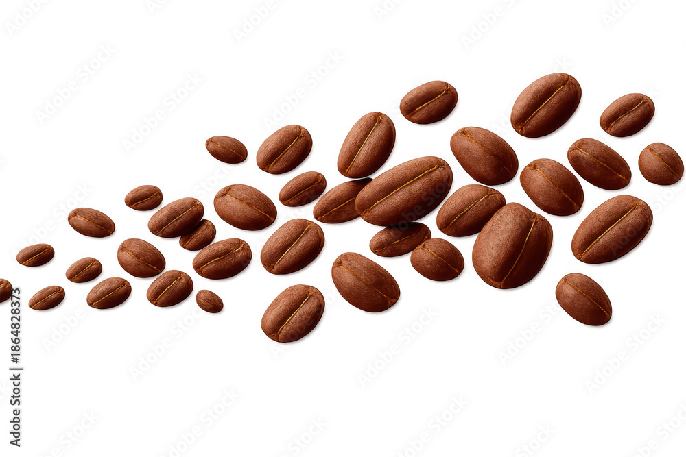 Obraz premium Roasted coffee beans flying and scattering, creating a dynamic motion shot with a transparent background for design elements
