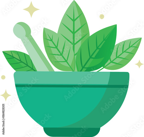 Vibrant illustration depicting a traditional green mortar and pestle filled with fresh, healthy leaves symbolizing herbal medicine and natural ingredient preparation for wellness and ancient remedies.