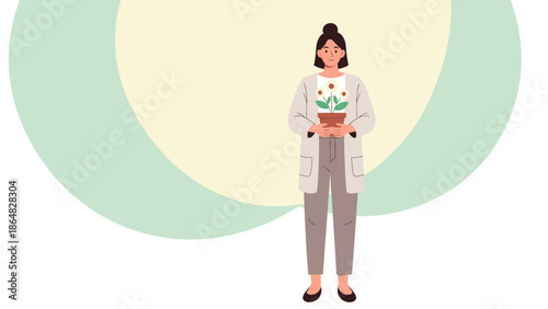 illustration of a woman scientist holding a potted plant representing environmental research and