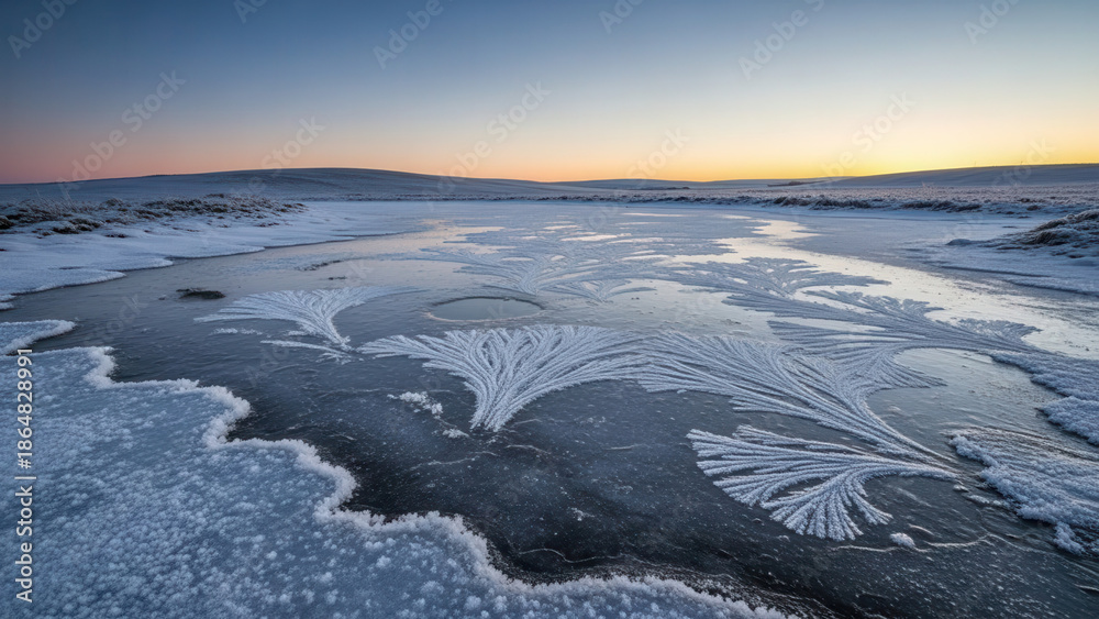 Obraz premium Frozen Lake with Intricate Ice Patterns in Serene Blue Hour Lighting for Winter Nature Photography