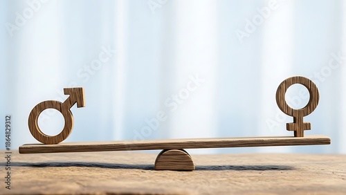 Wooden male and female gender symbols are perfectly balanced on a simple scale, representing equality.