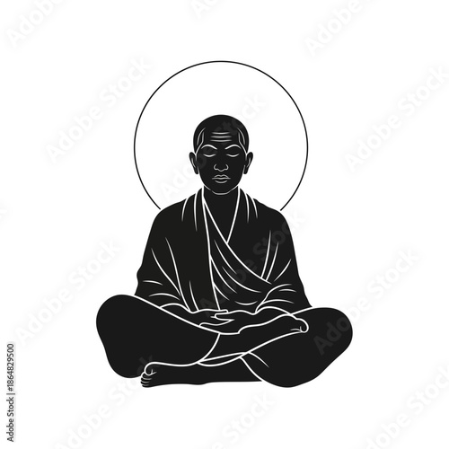 Meditating monk in lotus position with halo