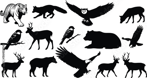 Silhouette collage of diverse wildlife animals