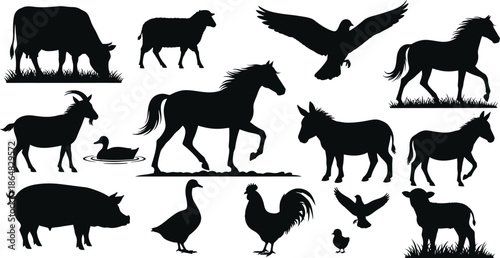 Black silhouettes of various farm animals and birds