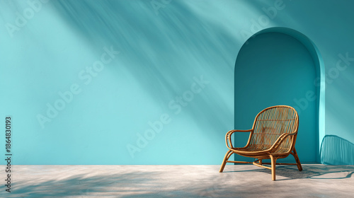 Tropical minimalist interior with rattan chair, palm leaf shadow and turquoise wall with copy space