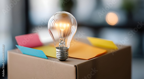 An illuminated light bulb atop a cardboard box, symbolizing creativity and innovative ideas in the workplace.