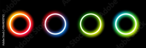 Colorful Neon Glowing Rings on Black Background – Abstract Light Circle Design
