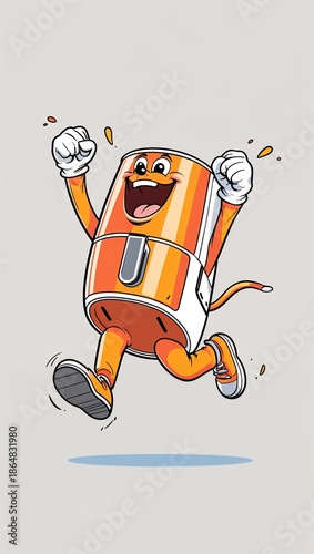 Excited jumping air fryer appliance in cartoon illustration on plain white background