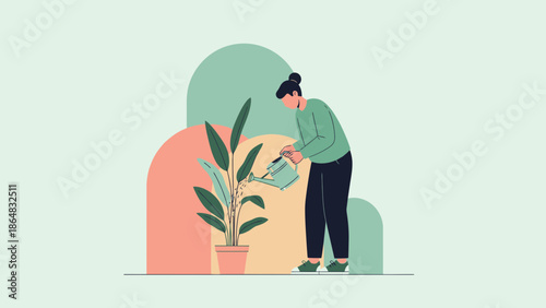 Woman Watering Indoor Plant in Minimalist Home Setting for Houseplant Care