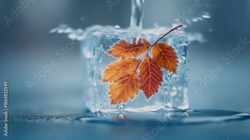 A frozen cube with autumn-colored leaves inside, resting on a reflective surface