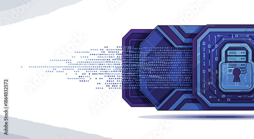 Digital illustration of a futuristic blue circuit board with a central lock icon and code streaming out to the side on a white background with a technological feel.