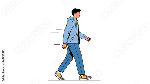 Young man walking swiftly in casual attire with motion lines indicating speed and movement
