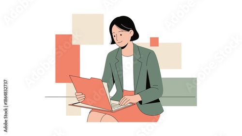 Professional woman working on her laptop in a modern office setting with abstract background