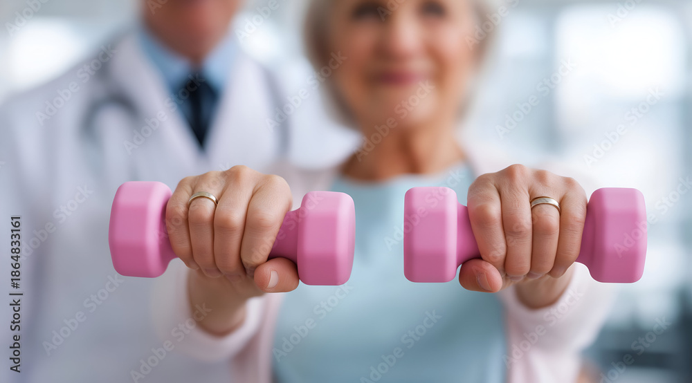 Fototapeta premium An older woman exercises with pink dumbbells, promoting fitness and strength training for seniors in a supportive environment.