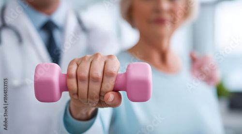 An elderly woman lifts a pink dumbbell, promoted by a caring healthcare professional, symbolizing strength and wellness in aging.