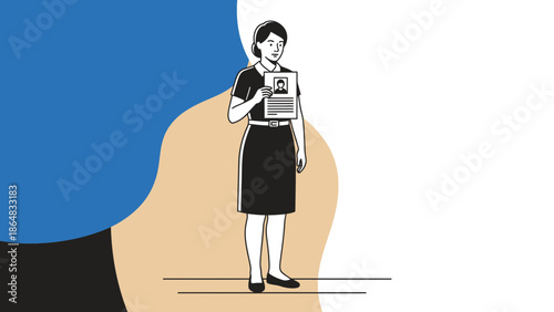 illustration of a woman holding a digital ID card in a minimalist design emphasizing technology