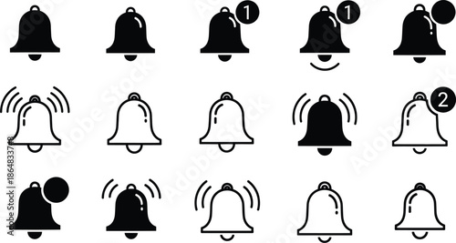 A comprehensive set of digital notification bell icons showing different states for web and app design