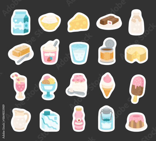 Dairy product set in scandinavian style food illustration with milk, cheese, yogurt, butter, kefir, ice cream, pudding, glass, cone, bar, jug, popsicle