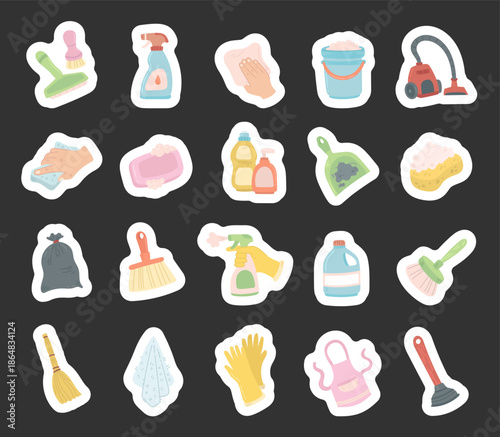 Cleaning set in scandinavian style objects for bathroom kitchen sanitation maintenance routines with brush, spray, canister, bottle, sponge, gloves, broom, bucket, vacuum