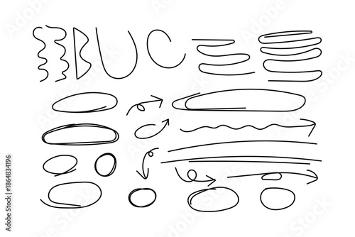 Collection of hand drawn sketch elements lines curves arrows and simple shapes