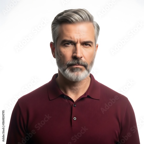 Mature man with distinguished salt and pepper hair and beard displays a serious expression against a bright background