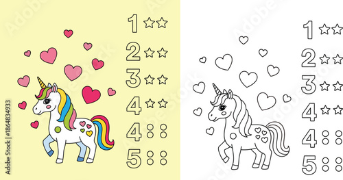 Coloring book page for kids with cute unicorn, hearts and numbers. Educational worksheet vector illustration with colored example and outline for counting and learning.