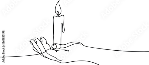 One-Line Drawing of a Hand Holding a Candle, Minimalist Lit Candle and Palm Sketch, Continuous Line Art: Hand with Burning Candle, Simple Outline of a Hand Cradling Light, illustration, vector
