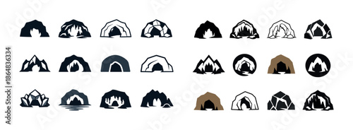 Diverse cave and mountain icons set with various styles and designs