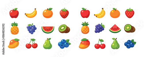 Colorful cartoon fruits collection including banana, orange, pineapple, and kiwi