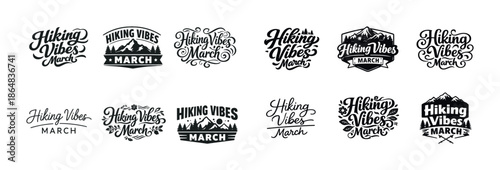 Hiking vibes march: collection of adventure-themed typography logos with mountain illustrations