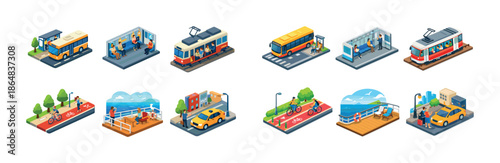 Isometric urban transport and leisure scenes with buses and trams
