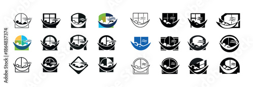 Variety of boat logos in black and color themes with waves