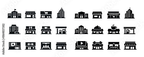 Set of black and white building icons: shops, restaurants, offices, and more