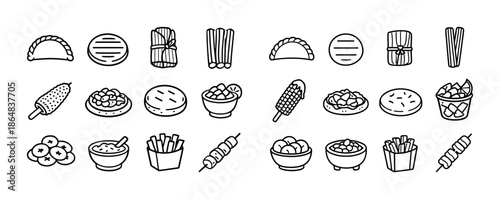 Black and white doodle illustrations of diverse street foods and snacks