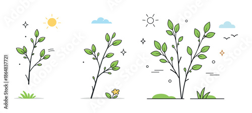 Three simple illustrations of growing plants under different weather elements