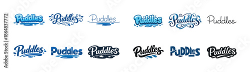 Various puddles logos in blue and black with stylized typography