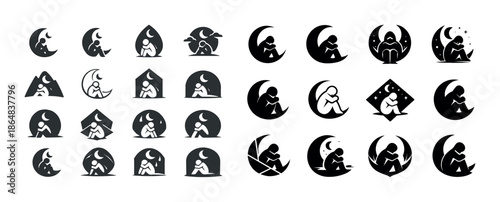 Abstract silhouette figures with crescent moons in various poses and settings