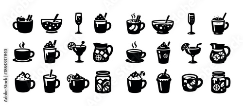 Collection of various beverage icons and glasses in silhouette