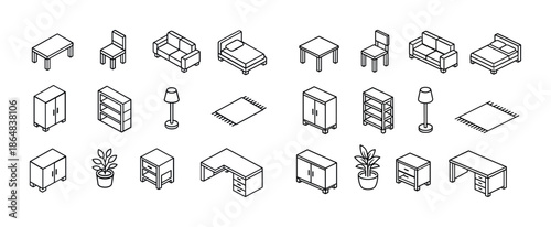 Isometric furniture set: tables, chairs, sofas, beds, cabinets, lamps, rugs, plants, desks