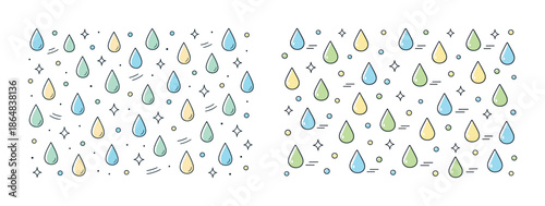 Colorful water droplet patterns with stars and dashes on white background