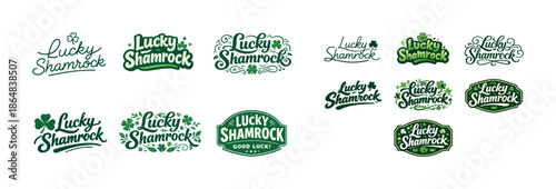 Lucky shamrock logos collection with green leaf designs for good luck